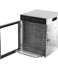 Top Shelf Electric Food Dehydrator Featuring Slick Twelve Tray Layout And Rock Solid Dual Fan Setup Built As A Total Game Changer To Dry Fruit Herbs And Jerky, showing open door and metal racks.