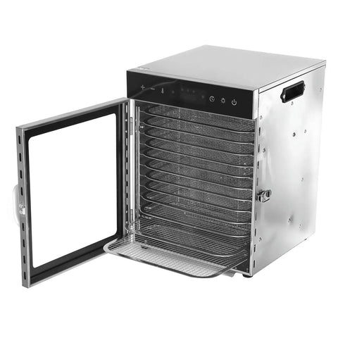 Heavy Duty Electric Food Dehydrator With 12 Detachable Trays And 1000W Dual Fan front view showing open door and trays.