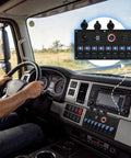 Driver in truck with dashboard panel showcasing 8 Gang Marine Rocker Switch Panel With Waterproof Boat Switches 12V DC Power Hub LED Voltmeter USB 3.1A Charger Lighter Socket On Off For Cars RVs Boats Blue.
