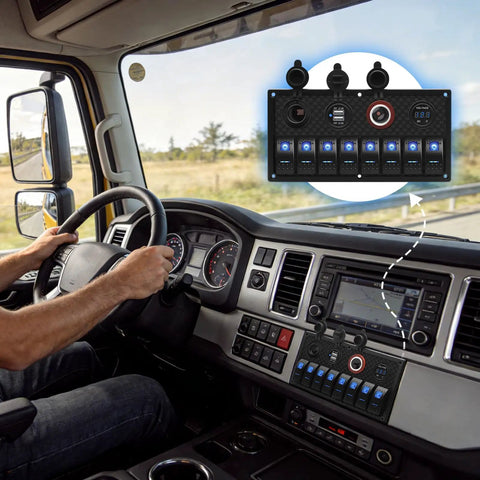 Driver in truck with dashboard panel showcasing 8 Gang Marine Rocker Switch Panel With Waterproof Boat Switches 12V DC Power Hub LED Voltmeter USB 3.1A Charger Lighter Socket On Off For Cars RVs Boats Blue.