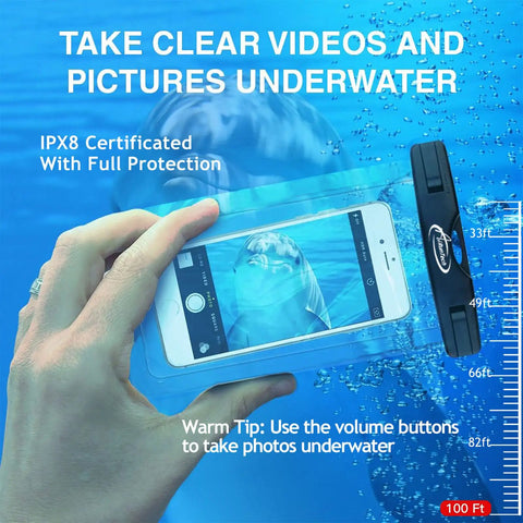 Hand holding Waterproof Phone Pouch And Waist Bag Set for Iphone 11 Through 16 Pro Max IPX8, taking underwater photos.