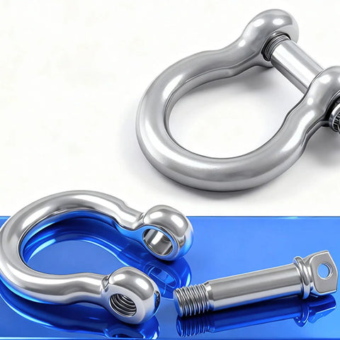 Badass 304 Stainless Steel Marine Shackle With Screw Pin shown on blue surface for boat rigging, towing, and outdoor utility jobs.