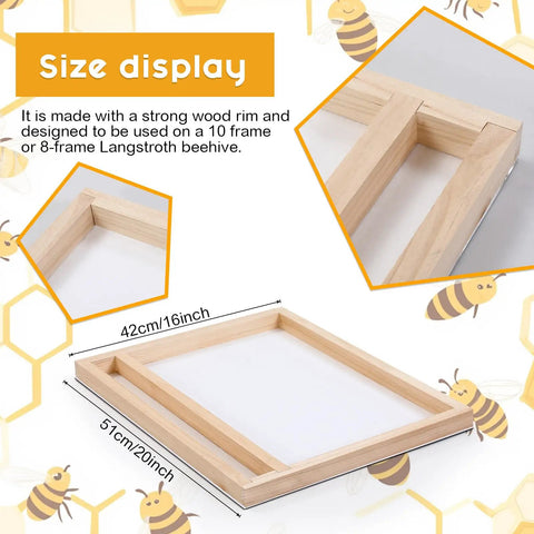 Size display of Solar Fume Board For Beehives with wood rim for 8/10 frame hives, dimensions in cm and inches.