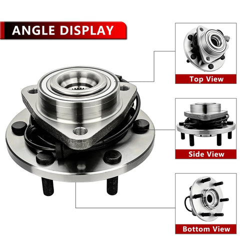 Pair Front Wheel Bearing Hub Assembly For Nissan Pathfinder Armada Titan Infiniti QX56 2004 2005 2006 2007 6 Lugs With ABS Fits Front Wheels Durable Replacement with top, side, and bottom views.