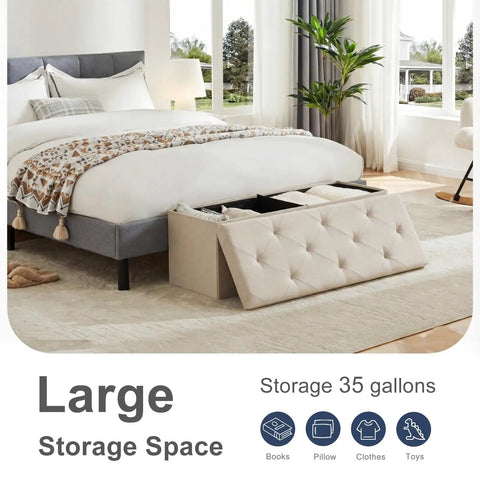 Foldable Storage Ottoman Bench With Padded Seat And Built In Chest End Of Bed Foot Rest Stool next to bed in bedroom