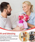 Gift exchange between a man and a woman, floral serving boards shown as ideas for occasions like weddings and housewarmings.