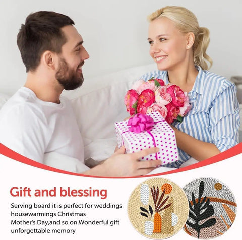 Gift exchange between a man and a woman, floral serving boards shown as ideas for occasions like weddings and housewarmings.