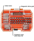 Black+Decker 42-piece screwdriver bit set in an orange compact case with clear lid