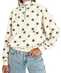 Polka Dot Half Zip Sweatshirt For Women, Oversized Fleece Pullover With Pockets, Long Sleeve Quarter Zip Casual Hoodie in white