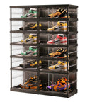 Six Tier Foldable Shoe Rack For Closet Holds 12 To 24 Pairs With Doors And Plastic Stackable Boxes, Black