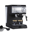 15 Bar Espresso Machine For Sippin Straight Up Lattes And Creamy Cappuccinos With Dual Auto Frother Brews Two Cups At Once Compatible With Pods Or Grounds 50 Oz Tank Black with dual cups and tamper.