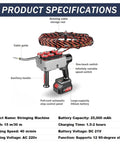Heavy Duty Automatic Cable Puller And Wire Stringing Machine With No Sweat Operation, 150Kg Pulling Force, 15 Meter Reach, One Touch Control, Smooth Six Wheel Gearbox, Wall Mount Power Tool For Jobsites specifications showing cable guide and battery.
