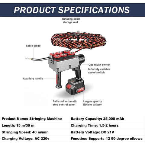 Heavy Duty Automatic Cable Puller And Wire Stringing Machine With No Sweat Operation, 150Kg Pulling Force, 15 Meter Reach, One Touch Control, Smooth Six Wheel Gearbox, Wall Mount Power Tool For Jobsites specifications showing cable guide and battery.