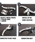 Assembly instructions for Three Jaw Gear Puller Tool Set with reversible jaws for bearing and pulley removal steps.