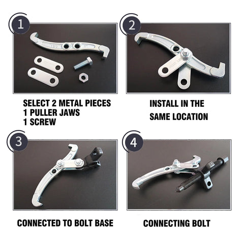 Assembly instructions for Three Jaw Gear Puller Tool Set with reversible jaws for bearing and pulley removal steps.