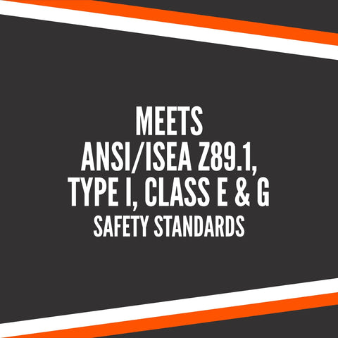 Image stating the safety standards for the Full Brim Hard Hat With 4 Point Ratchet OSHA And ANSI Compliant Safety Helmet for Men and Women.