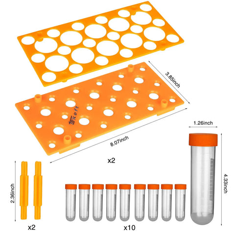 Home Science Lab Jumbo Test Tubes With Stand Set Of 10 For Kids Ages 3 And Up, showcasing orange rack and test tube sizes.