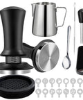 Badass Six Piece Espresso Tamper Kit With Adjustable Calibrated Head Precision Distributor And Wdt Tool contains stainless steel pitcher, tamper and accessories.
