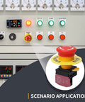 22Mm Red Mushroom Emergency Stop Button Switch Latching 1NC Normally Closed Safety Stop Switch 10A 660V IP54 With Yellow Ring For Heavy Duty Industrial Equipment shown in control panel application