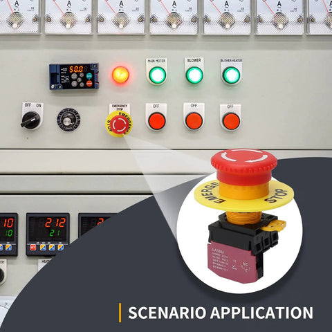 22Mm Red Mushroom Emergency Stop Button Switch Latching 1NC Normally Closed Safety Stop Switch 10A 660V IP54 With Yellow Ring For Heavy Duty Industrial Equipment shown in control panel application