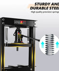 Hardcore 20 Ton Hydraulic Shop Press With H Frame Rig And Stamping Plates For Metal Bending Bearing Install And Shaft Straightening shows precision springs and heavy steel construction.