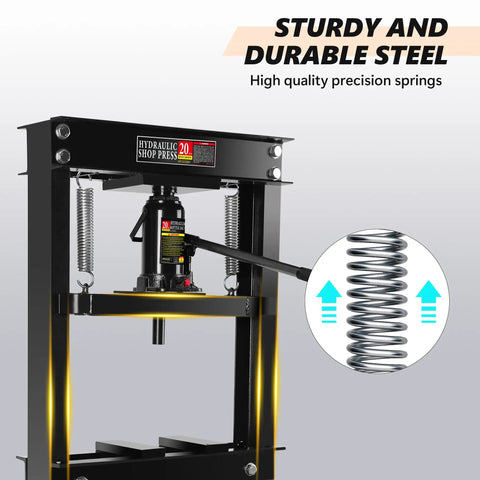 Hardcore 20 Ton Hydraulic Shop Press With H Frame Rig And Stamping Plates For Metal Bending Bearing Install And Shaft Straightening shows precision springs and heavy steel construction.