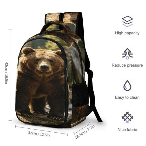 Stream Brown Bear Printed Unisex Backpack With Large Capacity and Durable Polyester, front view