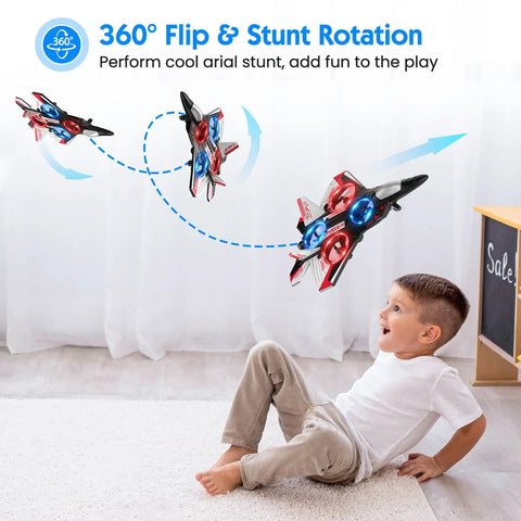 Boy watching Foam Remote Control Airplane For Kids And Beginners With LED Lights Altitude Hold 360 Degree Flip Stunts in action
