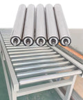 Top Shelf Heavy Duty Conveyor Rollers Set of Five Premium Stainless Steel Replacement Rollers on conveyor setup.