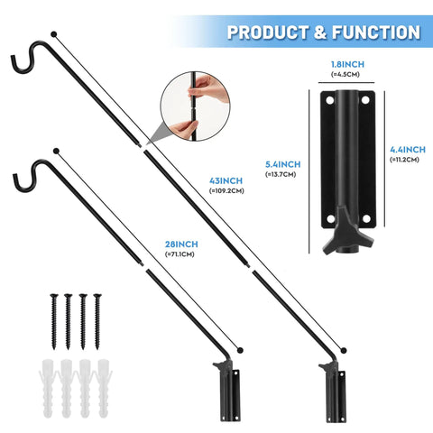 Rock Solid Adjustable Deck Hook Wall Pole Extending Twenty Eight To Forty Three Inches for outdoor display features height options and mounting details.