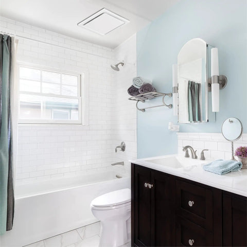 Ultra Quiet Ceiling Bathroom Exhaust Fan 50 CFM White Mount, 1 Sone, installed in a modern bathroom with white tiles and bathtub.