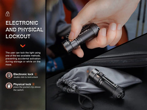 Hand holding E18R V2.0 1200 Lumen EDC USB C Rechargeable Flashlight, with included pouch on desk, highlighting lockout features.
