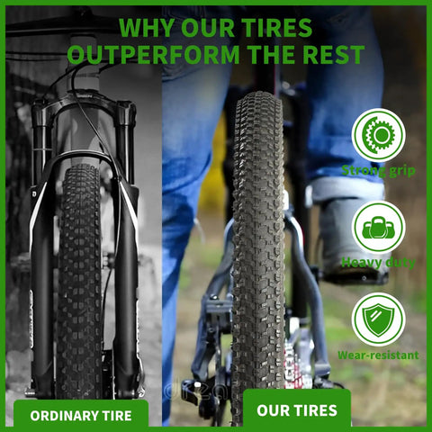 Comparison of ordinary tire and 2 Pack 26 Inch Foldable Bike Tire Set Complete 8 Piece Kit With Inner Tubes Rim Strips And Tire Levers Universal Replacement For Adult Mountain Bikes Beach Cruisers And More, highlighting strong grip and durability.