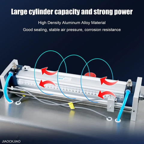 Dead Simple Automatic Pneumatic Bottle Filler With Stainless Steel Nozzle showing large aluminum cylinder and air pressure system.