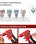 Pro Grade Hand Riveter Kit With Four Interchangeable Heads shown with color-coded rivet heads and tool in use for easy installation.