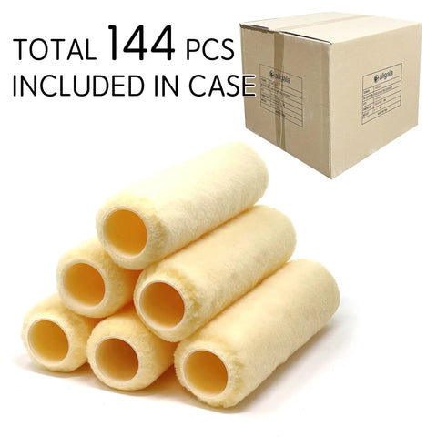 Top Rated Nine Inch Paint Roller Covers Case Lot Of 144 Shedless Lint Free Premium Sleeves 9Inch rollers in a stack with packaging.
