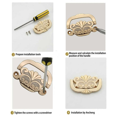Antique Gold Concealed Flat Pull Cabinet Handles Set Of 2 No Drill Required, Vintage Wardrobe and Furniture Hardware installation