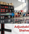 Heavy Duty Five Tier Garage Shelving Rack With 5000 Lbs Capacity Boltless Adjustable Metal Storage For Garage Warehouse Basement Shop Pantry 84 Inch High By 62 Inch Wide By 24 Inch Deep Black, loaded with boxes and tools in garage