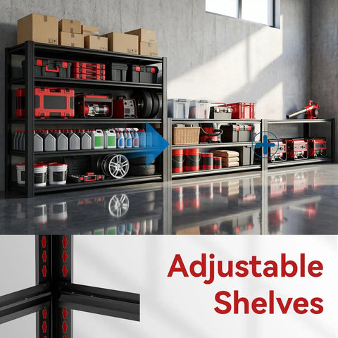 Heavy Duty Five Tier Garage Shelving Rack With 5000 Lbs Capacity Boltless Adjustable Metal Storage For Garage Warehouse Basement Shop Pantry 84 Inch High By 62 Inch Wide By 24 Inch Deep Black, loaded with boxes and tools in garage
