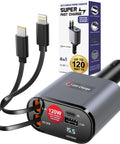 Hella Quick Retractable Car Charger Featuring Four USB C Ports And 120 Watt Output, compact design with retractable dual cables.