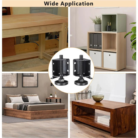 Heavy Duty Adjustable Furniture Leveler Feet With Corner Edge Guards And Tight Lock Nuts Squashes Wobbly Furnishings in various home settings.