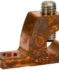Heavy Duty Copper Lay In Wire Connector With Steel Screw Handles 4 To 14 Awg Cable Built Tough For Direct Burial Grounding and Continuous Loop Bonding Jobs Straight Up Solid, copper connector close-up.