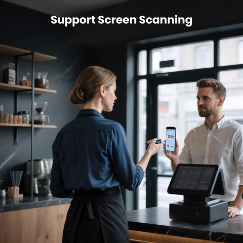 Person using Pocket Friendly Wireless Barcode Scanner With 3 In 1 Bluetooth Connectivity And Battery Level Indicator in cafe