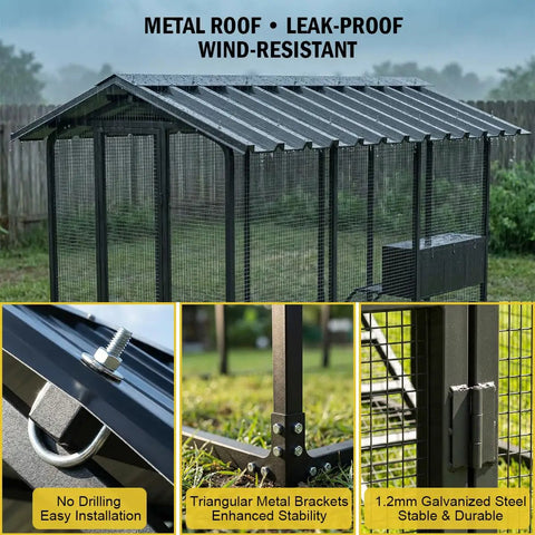 Walk-In Chicken Coop For Backyards Big Rugged 9 By 6 By 6 Feet Predator-Proof All-Metal Cage With 1.2mm Wire Mesh Galvanized Steel Roof And Nesting Boxes Weatherproof Hen House For 10 To 20 Hens with metal roof and stability features shown.