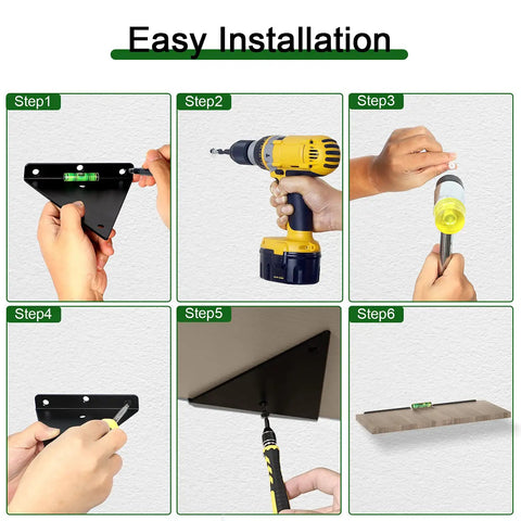 Steps to install Six Inch Triangle Shelf Brackets Set Of 4 Black Heavy Duty Hidden Floating Shelf Supports for wall shelves