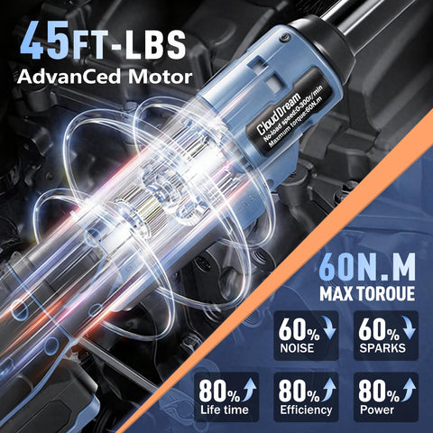 Three Eighths Inch Cordless Electric Ratchet Wrench For Auto Repair With 60 Nm Torque Beefed-Up Extended Kit motor details