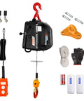 All In One Electric Hoist Winch 1500W Portable Power Lift and Pull Utility with attachments and controls displayed