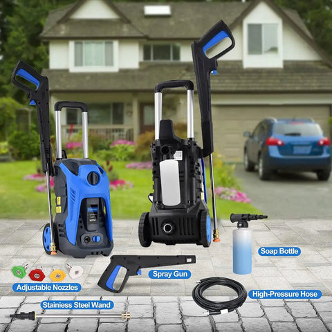Electric High Pressure Washer 3500 PSI 2.6 GPM with 25 Foot Hose and Reel, interchangeable nozzles, on outdoor driveway
