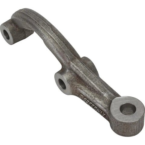 Left view of the Pinto Spindle Short Arm Steering Arm, heat-treated steel, CNC machined, OEM geometry, dirt track racing approved.