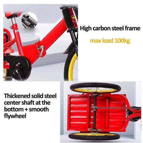 Folding Three Wheel Tricycle With Rear Passenger Seat And Backrest, showing high carbon steel frame with pneumatic spoke wheels.